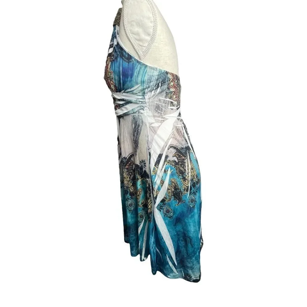 Cristinalove Blue White Gold Halter graphic paisley tie dye Mini Dress size L